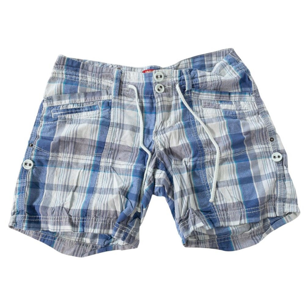 UnionBay Blue Plaid Shorts Y2K Junors SZ 5 Vintage Drawstring
